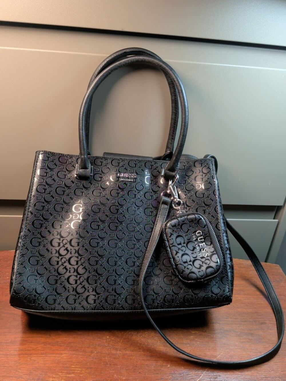 Guess Los Angeles Black Logo Monogram Satchel Tote Shoulder Bag w/ Coin Pouch
